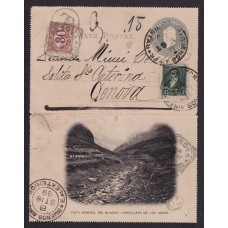 ARGENTINA ENTERO POSTAL GJ CAP-27-ZK TARJETA POSTAL CON ILUSTRACION USADA CON FRANQUEO ADICIONAL U$ 50+ CIRCULADA A ITALIA CON TAXA